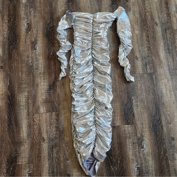 Silver Midi Bodycon Dress with Long Sleeves and Off the Shoulder Neckline - Picture 8 of 16